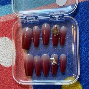 10-Piece Brown Coffin Press-On Nails Set with Crystal Accents